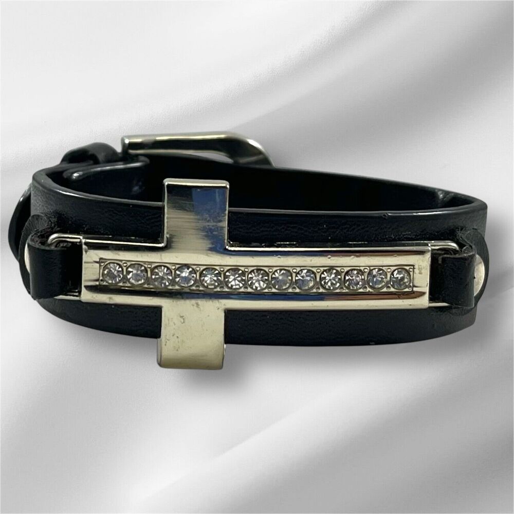Black Leather Belt Style Bracelet Silvertone Cross Clear Rhinestones Vintage 9”